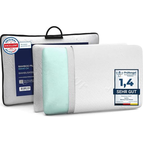 ZenPur Cuscino Memory Foam Ortopedico, 60 x 40 x 13 cm, 2 pacchi, Ergonomico, Antibatterico con Fodera in Fibra di bambù - Ideale per Dolori Cervicali - Ipoallergenico e Altamente Traspirante