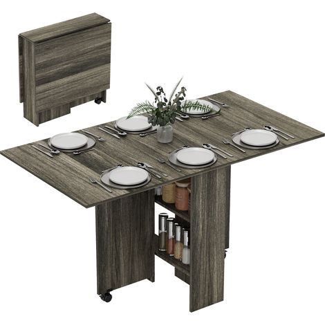 80-140 cm Folding Dining Table for 4-6 People, Drop Leaf Table with 2-Tier Shelves, Rolling Casters, for Small Spaces, Kitchen, Flat, Dining Room, Grey