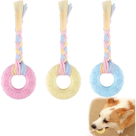 3 Pièces Jouet Chiot en Corde et Caoutchouc, Jouets de Dentition pour Chiens,Anneaux à Mâcher,Apaisent Démangeaisons et Favorisent la Santé Dentaire,Circulaire (1/5)