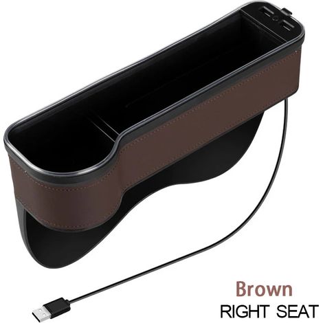 (Marron, à droite, 1 pièce) Organisateur d'espace entre les sièges de voiture : boîte de rangement multifonctionnelle avec double chargeur USB QC3.0, lumière LED et porte-gobelet. (1/5)