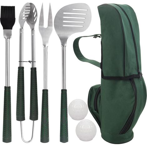 Ensemble de 7 ustensiles de barbecue sur le thème du golf — Accessoires de grillade en acier inoxydable avec poignées en caoutchouc, kit d'ustensiles de barbecue d'extérieur haut de gamme (Vert) (1/5)