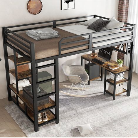 Cama alta con escritorio y estante (208x124x160 cm), somier estable, escalera de 4 peldaños, metal y madera, negro y nogal oscuro (1/5)