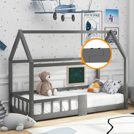 Kinderhausbett 90/200 cm grau aus Massivholz mit Tafel und Rausfallschutz (1/5)