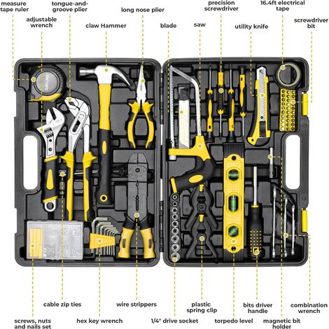 218 Piece Tool Kit, Professional Mechanic Tool Box Tool Set with Saw, Adjustable Wrench,Socket Set,Screwdrivers & More for DIY Repairs in Home,Garage,Yellow (1/5)