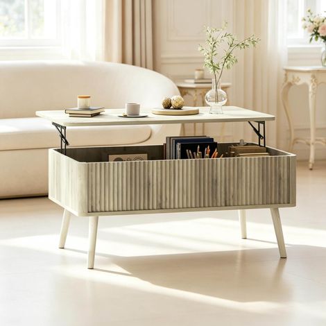 Tavolino da caffè sollevabile 91x56x43 cm in MDF e pino rovere con vano portaoggetti FloraGrace (1/5)