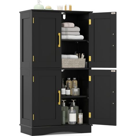 Armadio portaoggetti da terra per bagno con 4 ante e 2 ripiani regolabili, Credenza per cucina e soggiorno Nero (1/4)