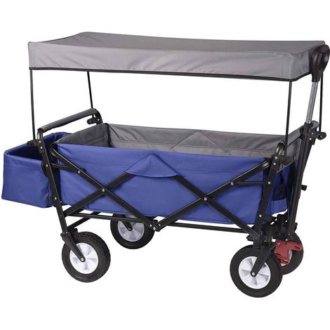 Carro de jardín de 4 ruedas con freno y capota extraíble azul 190001003
