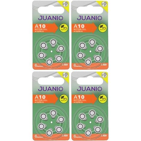 Lot de 24 Piles bouton Zinc Air Type A10/10 1,45V compatibles PR70 pour appareils auditifs - Juanio - (1/2)