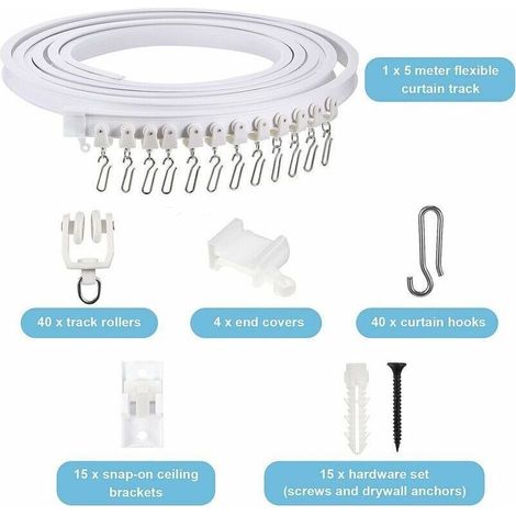 Rail de Rideau Incurvé au Plafond Pliable Support de Rideau de Plafond Flexible Rail Incurvé de Fenêtres Souples pour Tringle à Rideaux avec Crochets de Rideau en Métal (Blanc, 5 m) (1/3)