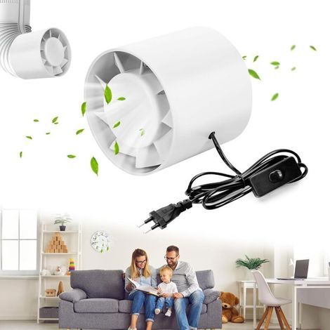 Extracteur d'Air 100mm, Ventilateur tubulaire 130m³/h, Ventilateur d'extraction en Ligne, prise européenne avec interrupteur, Économe en énergie, pour le bain, WC, Cuisine, Bureau, Garage (1/4)