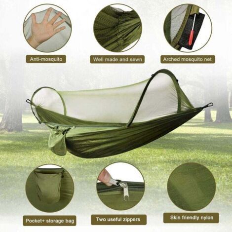 Hammock with Mosquito Net, 300 kg Load Capacity, Quick Drying, Ultralight, with 2 Carabiners, 2 Robust Straps for Outdoor, Camping, Garden - Army Green (1/4)