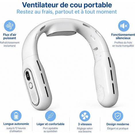 Ventilateur de cou pliable sans pales T68 blanc avec affichage numérique t68 blanc 22 × 5,3 × 19,5 cm 400 g – Livraison gratuite