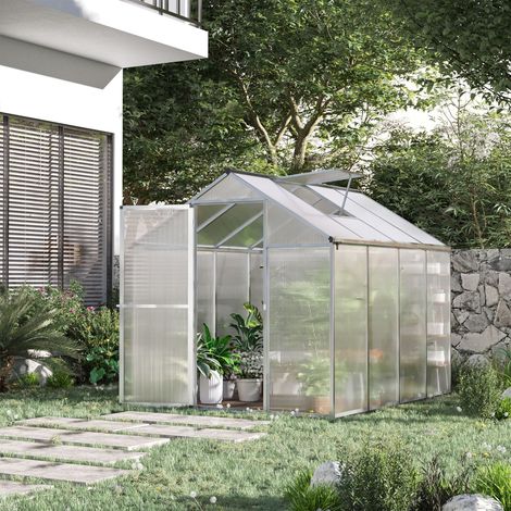 Serre de jardin en aluminium polycarbonate, serre avec fenêtres supérieures réglables, porte battante, abri extérieur résistant aux intempéries pour plante fleur, 242x190x195 cm, transparent (1/5)