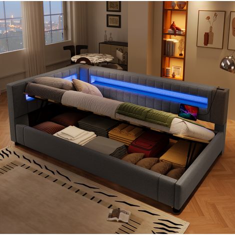 Letto in lino grigio e MDF 90x200 cm con LED, contenitore idraulico e porte USB + Type-C (1/5)