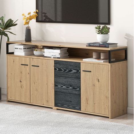 MEUBLIV Buffet de rangement 150x35x75,9 cm noir et bois – 3 portes, 3 tiroirs (1/5)