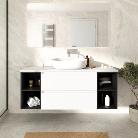 Mobile bagno sospeso 120cm due cassetti con top bianco opaco e due vani a giorno nero opaco Hexa (1/4)