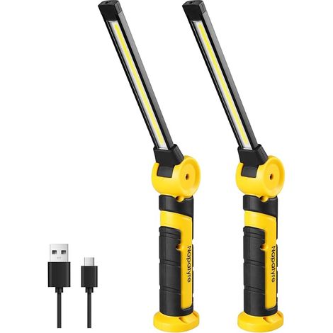 Lampe de Travail, 4000mAh Baladeuse LED Rechargeable avec Base Magnétique, Rotation à 120° Lampe Atelier, 3 Modes Lampe de Poche pour Réparation Auto/Camping/Urgence (2 Pièce) (1/5)