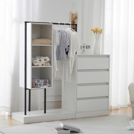 Armadio Contenitore con 4 Cassetti, 3 Ripiani Aperti e 1 Barra Appendiabiti, Pannello Truciolare e Metallo, Bianco
