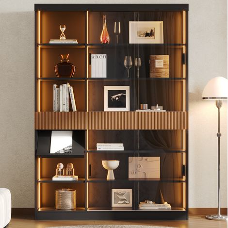 Vitrine haute 120 x 28,5 x 180 cm en MDF avec portes coulissantes en verre trempé gris, éclairage LED intégré, 3 tiroirs et tablette rabattable, pour salon ou bureau – CHICFURN (1/5)