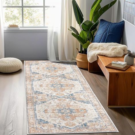 Tapis Chambre Adulte 90x150cm Orange Vintage, Tapis Salon Entrance Interieur à Poils Ras Design Oriental Antidérapant Lavable (1/5)