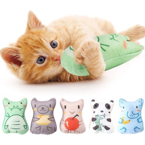 Set mit 5 Kratz- und Kauspielzeugen für Katzen, farbig bedruckt: Katze, Tiger, Krokodil, Bär und Maus. (1/5)