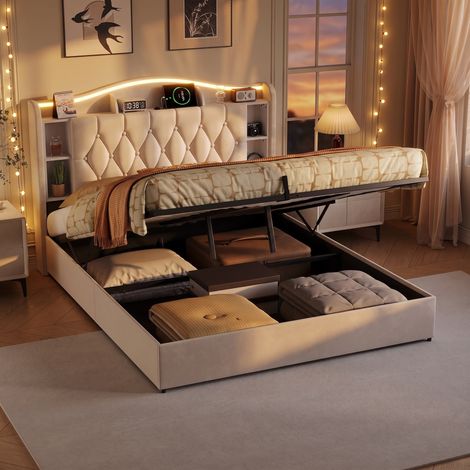 Lit coffre adulte 160x190 cm avec sommier à lattes led et port usb de charge - style moderne en velours - beige (1/5)