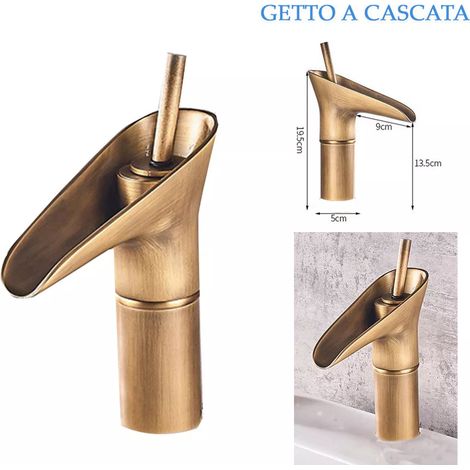 RUBINETTO MISCELATORE VINTAGE BAGNO CANNA BASSA BECCO CASCATA OTTONE T2021 (1/5)