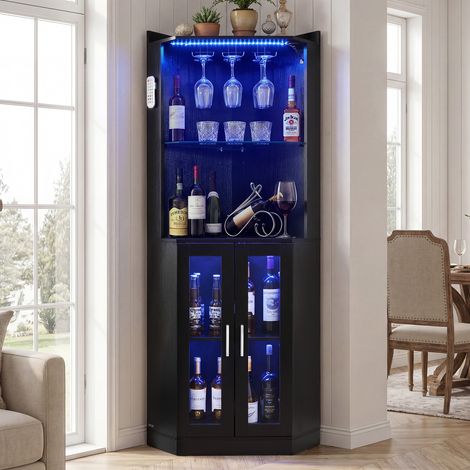 VEVOR Corner Wine Cabinet, Bar Cabinet with Ample Storage, Modern Buffet Sideboard with Glass Holder, Adjustable LED Brightness, Anti-Tip Strap, for Home Kitchen, Living Room, Dining Room, Black Wood (1/5)