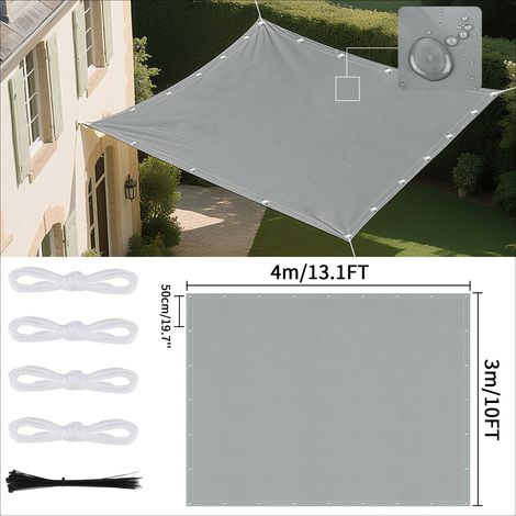 Voile d'ombrage imperméable (gris clair 4 x 3 m) avec œillets, idéale pour les jardins et terrasses extérieures. (1/5)