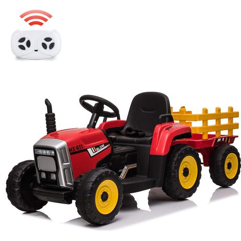 Tracteur avec Remorque Electrique pour Enfants 12 V avec Télécommande 2,4G - 3 Vitesses avec Eclairage LED, Musique, Klaxon, Fonctions Audio USB et Bluetooth,rouge (1/5)