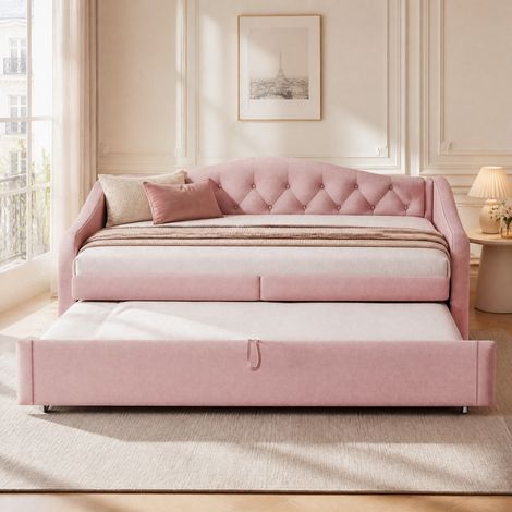 Bett 90x200 cm im klassischen Stil, rosa Leinen, Lattenrost, USB-Anschluss, ohne Matratze (1/5)