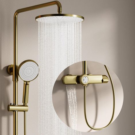 Colonne de Douche avec Mitigeur Thermostatique Dorée, 3 Fonctions Système de Douche Ensemble de Douche en Laiton Réglable en Hauteur avec 26cm Pommeau de Douche, Douchette Système de Douche Murale (1/5)