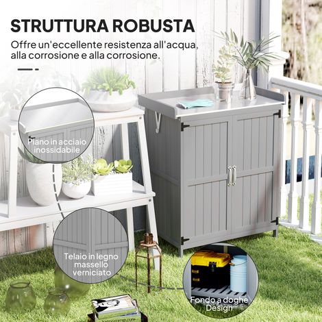 Armoire extérieure grise en bois, 2 portes, étagère intérieure, rangement outils et accessoires jardin, parfaite pour terrasse et patio.