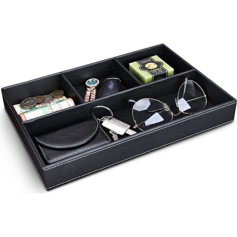 Plateau Vide Poche en Cuir, Organisateur de Tiroir Chevet et Bureau à 4 Compartiments, Boîte de Rangement Clés, Portefeuille (1/4)