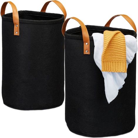 Panier à linge, 28 L, pliable, en feutre, salle de bain, chambre, HxD : 47x30 cm, poignées, noir (1/5)