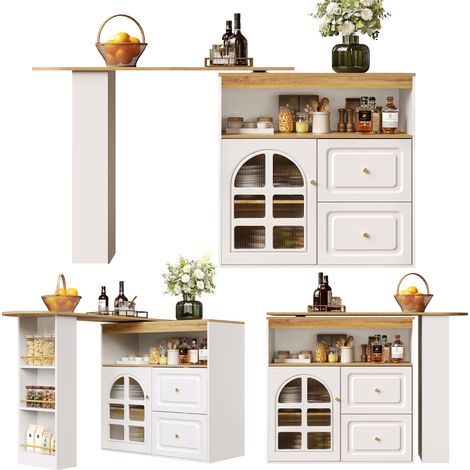 Bar pivotant 360° design simple et moderne, pour chambre, salon et salle à manger, 2 tiroirs, étagère à snacks, niche ouverte, buffet pivotant avec étagères et vitrine en verre cintré, blanc