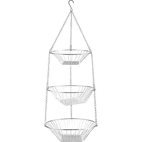 1 Panier suspendu 3 niveaux, métal argenté brillant, Ø28x77cm, rangement fruits légumes, cuisine salle de bain (1/5)