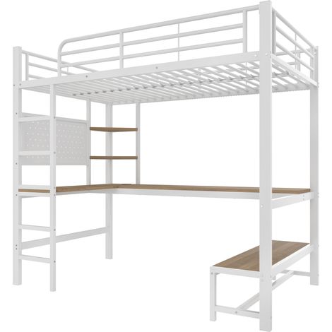 Letto a soppalco 90 x 200 cm in metallo bianco con scrivania, ripiani, USB-C e LED HOMVRA (1/5)
