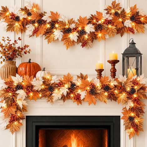 Ghirlanda autunnale da 1,8 m con 30 LED bianco caldo, ghirlanda di foglie d'acero con luci LED pre-avvolte, pigne e bacche, decorazione autunnale per il camino. (1/5)