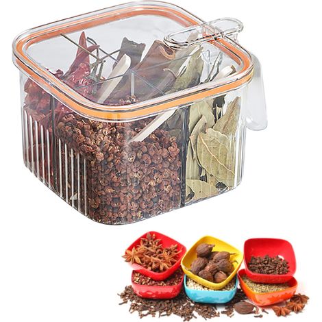 Pot à épices de type presse-cuillère, hermétique et résistant à l'humidité, avec cuillère pour le sel, le MSG et autres assaisonnements, pot à épices à quatre compartiments, orange translucide. (1/5)