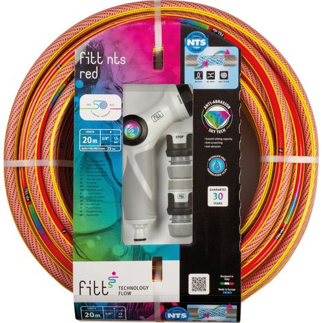 FITT NTS RED 5/8" (15 mm) 20 m Kit - Robuster und Flexibler Gartenschlauch in roter Farbe für eine Intensive Nutzung, mit Multijet-Gießpistole und Kupplungen