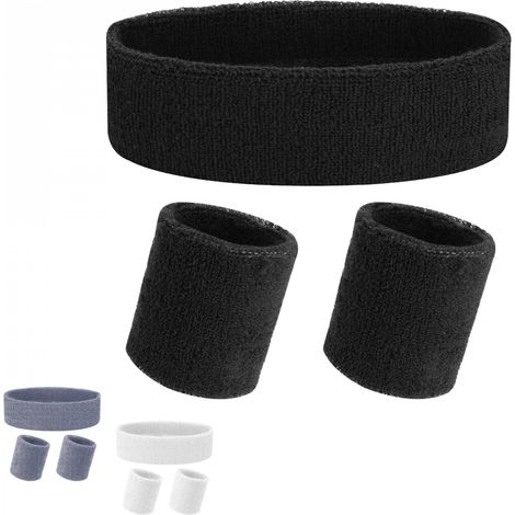 Ensemble de bandeaux de sport, cheveux et poignets anti-transpiration, running, tennis, fitness, padle, absorbant - 85% Coton - Noir - Vivezen (1/4)