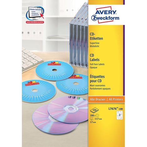 Etichette per CD Avery-Zweckform L7676-100 Ø 117 mm Carta Bianco 200 pz. Permanente Opaco, Stampabile fino al foro cent (1/5)