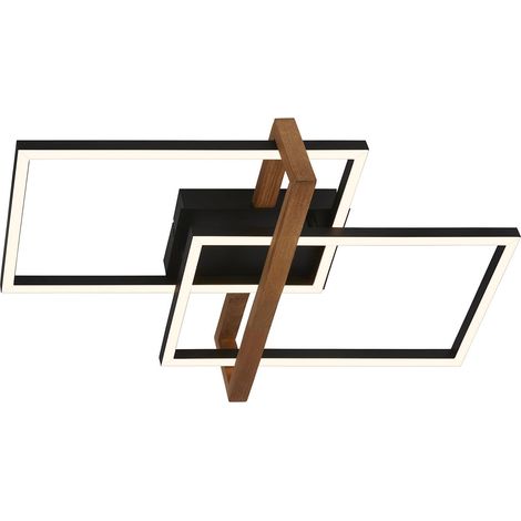 Plafonnier LED Frame, plafonnier LED blanc chaud, lampe 34W avec cadre en bois, lampe de salon, lampe de chambre, 505x315x110 mm (LxlxH), noir-bois (1/3)