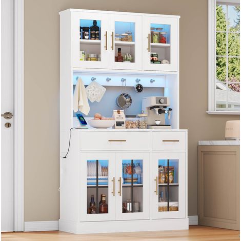 Buffet 6 portes 2 tiroirs, éclairage LED multicolore contrôlé par application, étagères réglables, poignées dorées, MDF blanc (1/5)