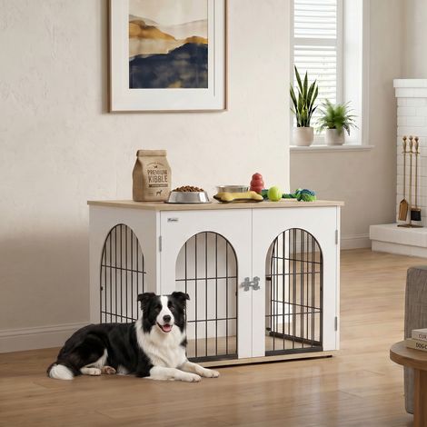 Cage chien meuble cage intérieur arche double porte table appoint métal 80x56x59 cm blanc, avec arche (1/5)