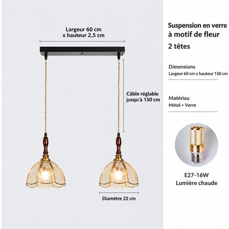 Suspension Vintage Verre 2 têtes plaque longue 60 cm lumière tricolore spectre complet protection des yeux 1 kg – Livraison gratuite