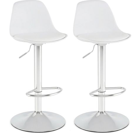Lot de 2 Tabourets de Bar en Similicuir avec Dossiers, Sièges Rembourrés et Rrepose-Pieds, Tabourets Réglables et Pivotants, 60-82 CM, Blanc (1/5)