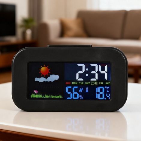 Mini reloj despertador digital con pronóstico del tiempo,indicador de temperatura y humedad,reloj electrónico LED silencioso para uso doméstico (1/5)