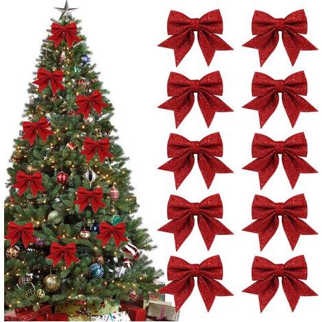 10 Stück glitzernde Weihnachtsschleifen, kleine Weihnachtsschleifen, Glitzerschleifen für Weihnachtskränze, Girlanden, Baumschmuck, Rot (1/5)